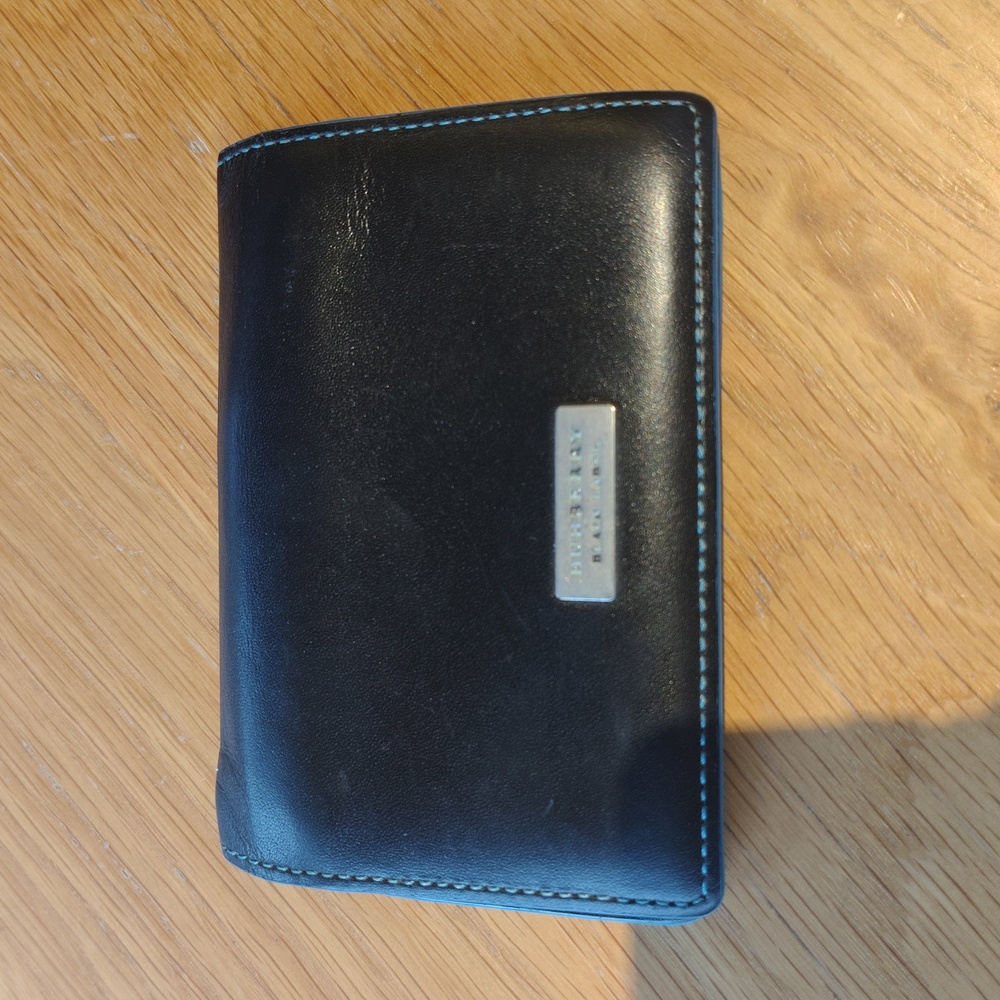 Burberry Men's Black & Blue Label Leather Card Wallet Case Holder w Silver Logo